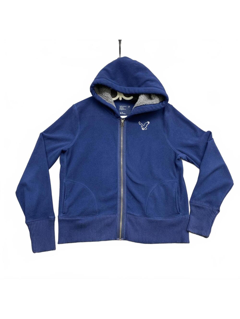American Eagle Outfitters Blue Fleece Zip-Up Hoodie XL Sherpa Lined Hood 1977